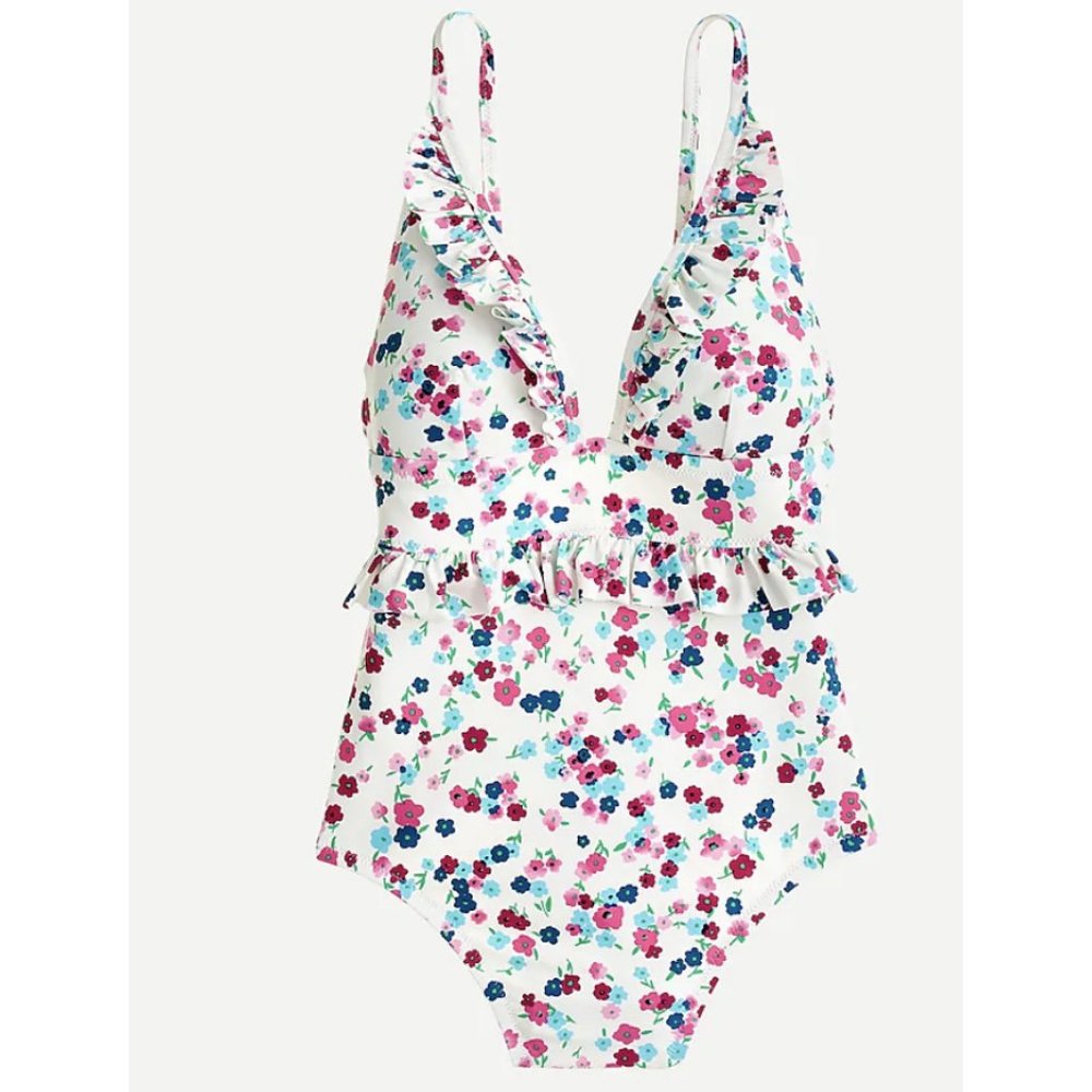 J. Crew $118 Ruffle V-Neck One-Piece Swimsuit Little Blooms Size 14 AU952